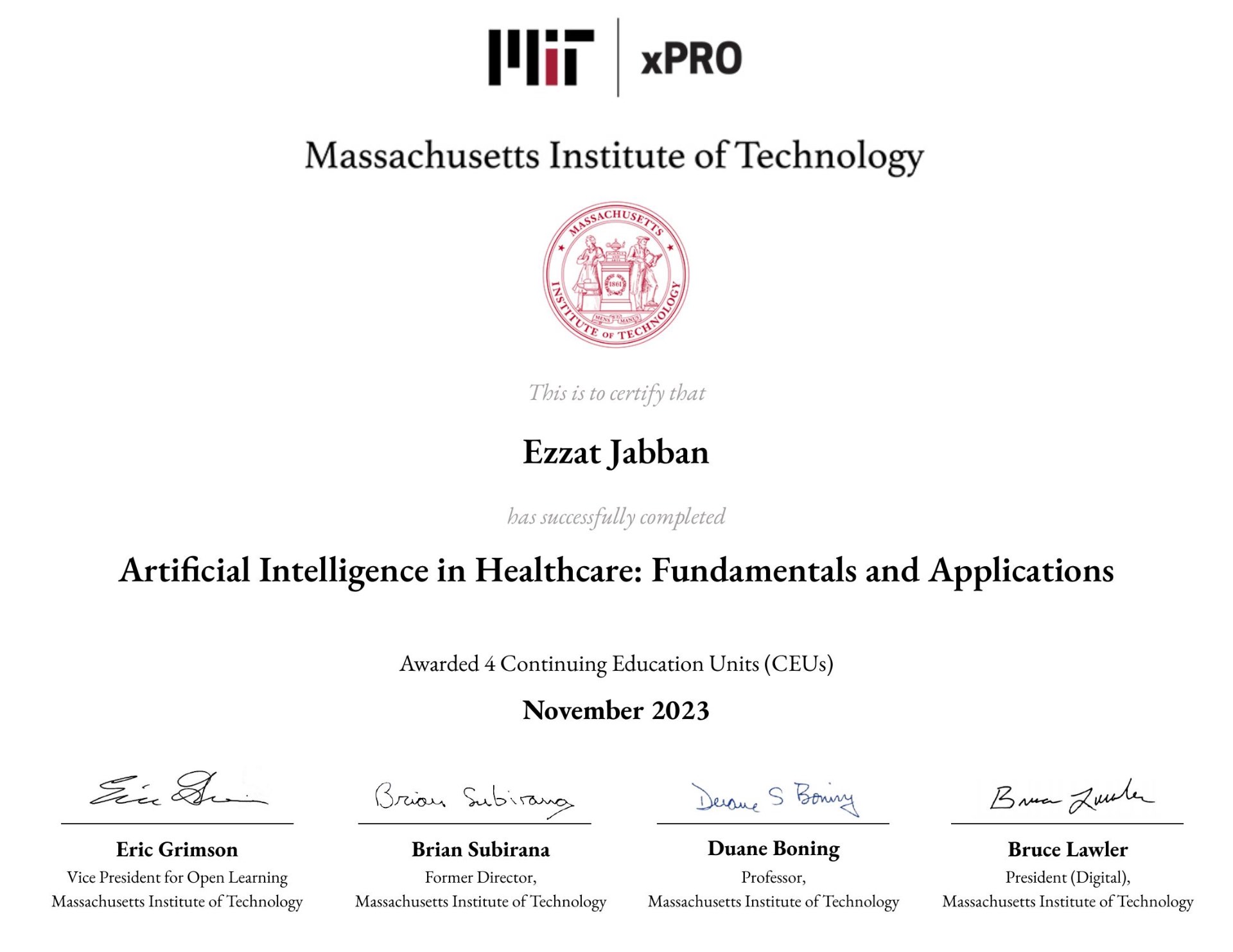 MIT xPRO certificate — Artificial Intelligence in Healthcare: Fundamentals and Applications, November 2023